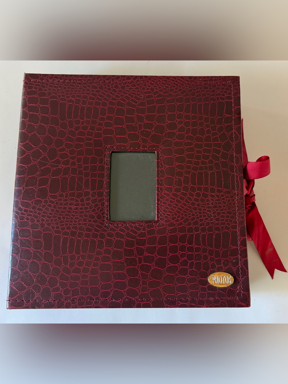 Red Croc-Embossed Photo Album Book with Ribbon Closure, Burgundy Red